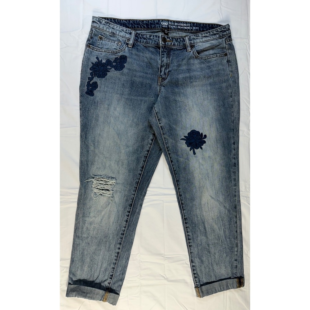 Gap Sexy Boyfriend Jeans Womens 14/32 Floral Embroidered Distressed Cuffed